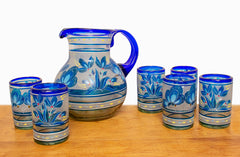 Juego de jarra y 6 vasos filo azul